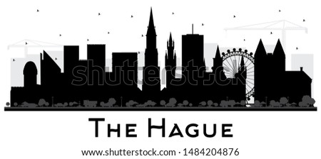 The Hague Netherlands City Skyline Silhouette with Black Buildings Isolated on White. Business Travel and Tourism Concept with Historic Architecture. Hague Cityscape with Landmarks.