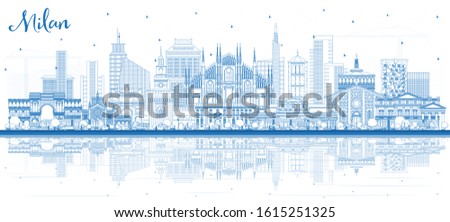 Outline Milan Italy City Skyline with Blue Buildings and Reflections. Vector Illustration. Business Travel and Tourism Concept with Historic Architecture. Milan Cityscape with Landmarks.