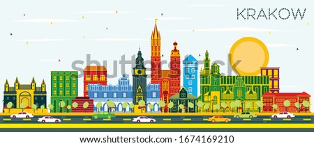 Krakow Poland City Skyline with Color Buildings and Blue Sky. Vector Illustration. Business Travel and Tourism Concept with Historic Architecture. Krakow Cityscape with Landmarks.