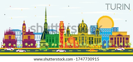 Turin Italy City Skyline with Color Buildings and Blue Sky. Vector Illustration. Business Travel and Tourism Concept with Modern Architecture. Turin Cityscape with Landmarks.