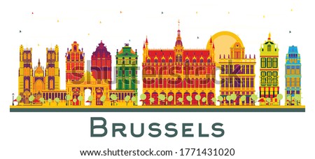 Brussels Belgium City Skyline with Color Buildings Isolated on White. Vector Illustration. Business Travel and Tourism Concept with Historic Architecture. Brussels Cityscape with Landmarks.