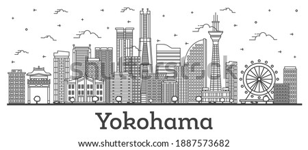 Outline Yokohama Japan City Skyline with Modern Buildings Isolated on White. Vector Illustration. Yokohama Cityscape with Landmarks.