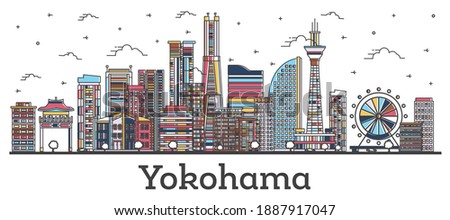 Outline Yokohama Japan City Skyline with Modern Colored Buildings Isolated on White. Vector Illustration. Yokohama Cityscape with Landmarks.