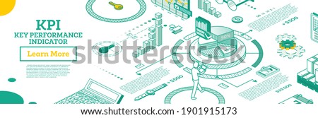 KPI Key Performance Indicator. Vector Illustration. Isometric Concept of Business Performance Strategy and Analysis. Outline Infographic Charts Isolated on White. The Efficiency of Company. Imagine de stoc © 
