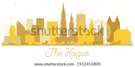 The Hague Netherlands City Skyline Silhouette with Golden Buildings Isolated on White. Business Travel and Tourism Concept with Historic Architecture. Hague Cityscape with Landmarks.