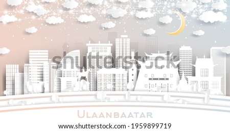 Ulaanbaatar Mongolia City Skyline in Paper Cut Style with Snowflakes, Moon and Neon Garland. Vector Illustration. New Year Concept. Ulaanbaatar Cityscape with Landmarks.