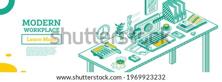 Isometric Modern Business Workplace. Vector Illustration. Outline Office Workplace with Laptop, Smartphone, Paper Trays, Plant and Telephone.
