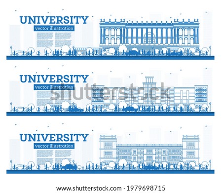 Outline University Campus Set. Study Banners. Vector Illustration. Students Go to the Main Building of University. Skyline with Blue Sky and Green Tree. Banner with Copy Space.