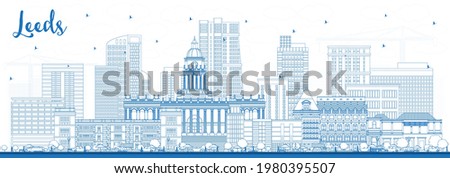 Outline Leeds UK City Skyline with Blue Buildings. Vector Illustration. Leeds Yorkshire Cityscape with Landmarks. Business Travel and Tourism Concept with Historic Architecture.
