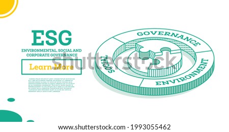 ESG Concept of Environmental, Social and Governance. Vector Illustration. Sustainable Development. Isometric Outline Concept. Green Color.