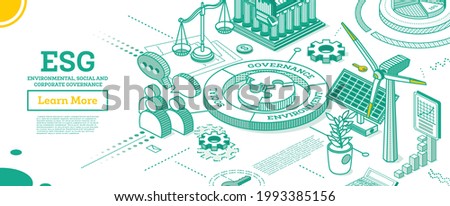 ESG Concept of Environmental, Social and Governance. Vector Illustration. Sustainable Development. Isometric Outline Concept. Green Color. Alternative Energy. Talking People.