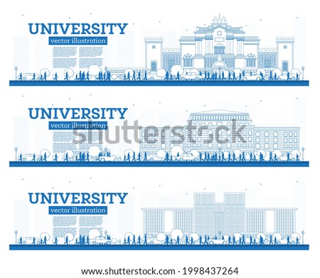 Outline University Campus Set. Study Banners. Vector Illustration. Students Go to the Main Building of University. Skyline with Blue Sky and Green Tree. Banner with Copy Space.