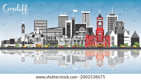 Cardiff Wales City Skyline with Color Buildings, Blue Sky and Reflections. Vector Illustration. Cardiff UK Cityscape with Landmarks. Business Travel and Tourism Concept with Historic Architecture.