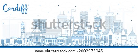 Outline Cardiff Wales City Skyline with Blue Buildings. Vector Illustration. Cardiff UK Cityscape with Landmarks. Business Travel and Tourism Concept with Historic Architecture.