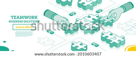 Teamwork Concept. Hands Hold Pieces of Puzzle and Try to Connect It. Vector Illustration. Outline Isometric Concept. Business Solution. Infographic Element.