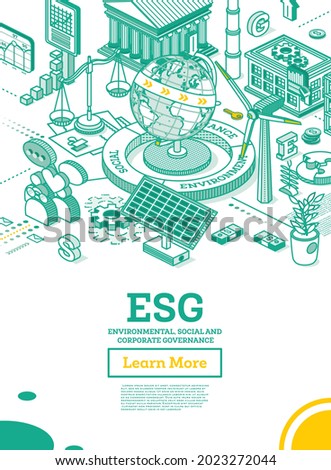 ESG Concept of Environmental, Social and Governance. Globe Model of the Earth. Vector Illustration. Sustainable Development. Isometric Outline Concept. Green Color. Alternative Energy.