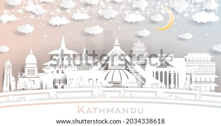 Kathmandu Nepal City Skyline in Paper Cut Style with White Buildings, Moon and Neon Garland. Vector Illustration. Travel and Tourism Concept. Kathmandu Cityscape with Landmarks.