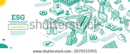 ESG Concept of Environmental, Social and Governance. CO2. Carbon Emissions Reduction. Vector Illustration. Sustainable Development. Isometric Outline Concept. Green Color. Alternative Energy.