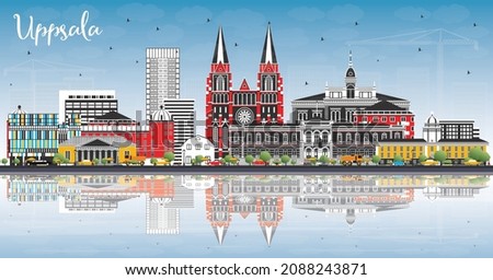 Uppsala Sweden City Skyline with Color Buildings, Blue Sky and Reflections. Vector Illustration. Uppsala Cityscape with Landmarks. Business Travel and Tourism Concept with Historic Architecture.