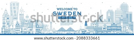 Welcome to Sweden. Outline City Skyline with Blue Buildings. Vector Illustration. Concept with Historic Architecture. Sweden Cityscape with Landmarks. Stockholm. Uppsala. Malmo. Gothenburg.