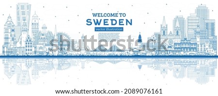 Welcome to Sweden. Outline City Skyline with Blue Buildings and Reflections. Vector Illustration. Historic Architecture. Sweden Cityscape with Landmarks. Stockholm. Uppsala. Malmo. Gothenburg.