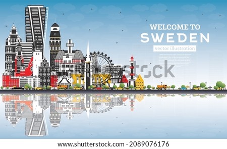 Welcome to Sweden. City Skyline with Gray Buildings, Blue Sky and Reflections. Vector Illustration. Historic Architecture. Sweden Cityscape with Landmarks. Stockholm. Uppsala. Malmo. Gothenburg.