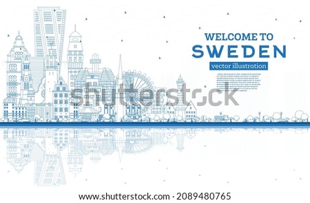 Welcome to Sweden. Outline City Skyline with Blue Buildings and Reflections. Vector Illustration. Historic Architecture. Sweden Cityscape with Landmarks. Stockholm. Uppsala. Malmo. Gothenburg.