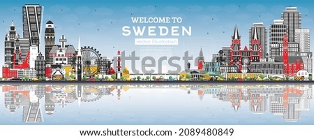 Welcome to Sweden. City Skyline with Gray Buildings, Blue Sky and Reflections. Vector Illustration. Historic Architecture. Sweden Cityscape with Landmarks. Stockholm. Uppsala. Malmo. Gothenburg.
