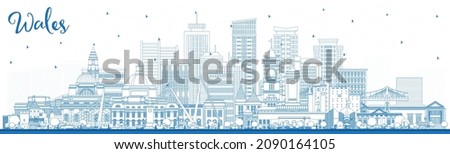 Outline Wales City Skyline with Blue Buildings. Vector Illustration. Concept with Historic Architecture. Wales Cityscape with Landmarks. Cardiff. Swansea. Newport.
