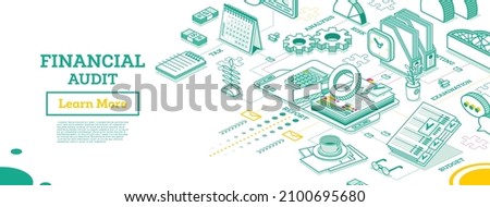 Financial Audit. Isometric Business Concept. Account Tax Report. Open Folder with Documents. Calendar and Magnifier. Vector Illustration. Report Under Magnifying Glass. Calculating Balance.