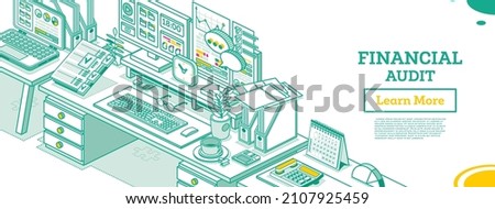 Financial Audit. Workplace of an Auditor or Accountant. Isometric Business Concept. Account Tax Report. Two Computers on Desk with Documents in Office. Vector Illustration. Calculating Balance.