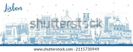 Outline Lisbon Portugal City Skyline with Blue Buildings. Vector Illustration. Beautiful Lisbon Cityscape with Landmarks. Business Travel and Tourism Concept with Historic Architecture.