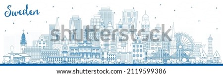 Welcome to Sweden. Outline City Skyline with Blue Buildings. Vector Illustration. Concept with Historic Architecture. Sweden Cityscape with Landmarks. Stockholm. Uppsala. Malmo. Gothenburg.