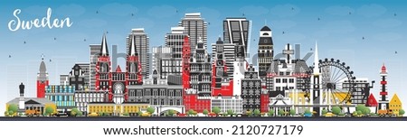 Welcome to Sweden. City Skyline with Gray Buildings and Blue Sky. Vector Illustration. Concept with Historic Architecture. Sweden Cityscape with Landmarks. Stockholm. Uppsala. Malmo. Gothenburg.