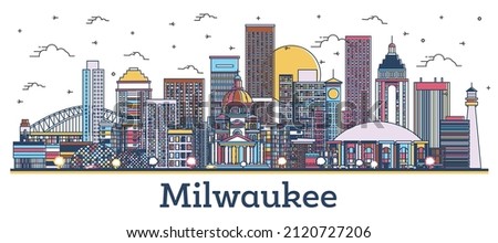 Outline Milwaukee Wisconsin City Skyline with Colored Buildings Isolated on White. Vector Illustration. Milwaukee USA Cityscape with Landmarks.