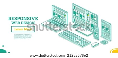 Adaptive and Responsive Web Design Isometric Concept. Vector Illustration. Smartphone, Laptop, Tablet and Desktop PC with Keyboard. Web Interface on the Screens. UI Design. Page Construction.