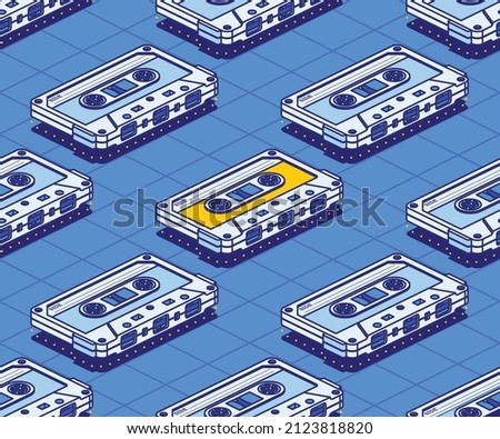 Isometric Audio Cassette Tape Seamless Pattern. Vector Illustration. Outline Music Concept. Retro Electronic Audio Device. Concept 80s and 90s.