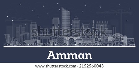 Outline Amman Jordan City Skyline with White Buildings. Vector Illustration. Business Travel and Tourism Concept with Modern Architecture. Amman Cityscape with Landmarks.