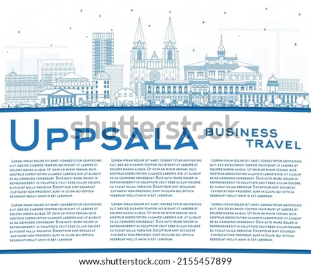 Outline Uppsala Sweden City Skyline with Blue Buildings and Copy Space. Vector Illustration. Uppsala Cityscape with Landmarks. Business Travel and Tourism Concept with Historic Architecture.