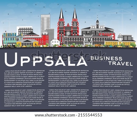 Uppsala Sweden City Skyline with Color Buildings, Blue Sky and Copy Space. Vector Illustration. Uppsala Cityscape with Landmarks. Business Travel and Tourism Concept with Historic Architecture.