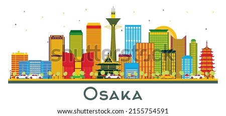 Osaka Japan City Skyline with Color Buildings Isolated on White. Vector Illustration. Business Travel and Tourism Concept with Modern Architecture. Osaka Cityscape with Landmarks.