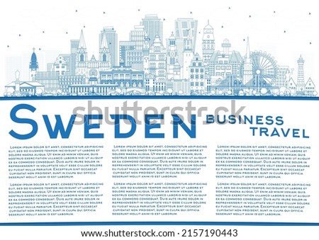 Welcome to Sweden. Outline City Skyline with Blue Buildings and Copy Space. Vector Illustration. Historic Architecture. Sweden Cityscape with Landmarks. Stockholm. Uppsala. Malmo. Gothenburg.