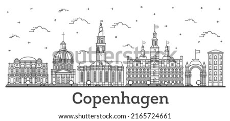 Outline Copenhagen Denmark City Skyline with Historic Buildings Isolated on White. Vector Illustration. Copenhagen Cityscape with Landmarks.