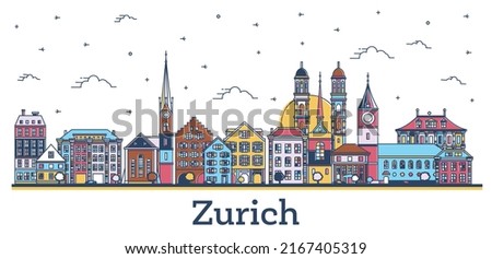 Outline Zurich Switzerland City Skyline with Colored Historic Buildings Isolated on White. Vector Illustration. Zurich Cityscape with Landmarks.