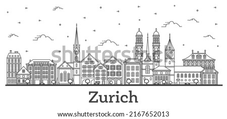 Outline Zurich Switzerland City Skyline with Historic Buildings Isolated on White. Vector Illustration. Zurich Cityscape with Landmarks.