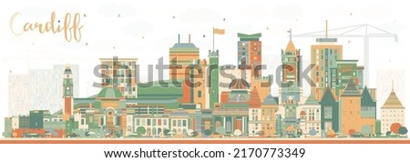 Cardiff Wales City Skyline with Color Buildings. Vector Illustration. Cardiff UK Cityscape with Landmarks. Business Travel and Tourism Concept with Historic Architecture.