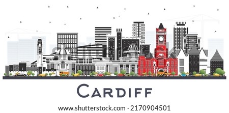 Cardiff Wales City Skyline with Color Buildings Isolated on White. Vector Illustration. Cardiff UK Cityscape with Landmarks. Business Travel and Tourism Concept with Historic Architecture.