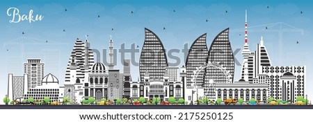 Baku Azerbaijan City Skyline with Color Buildings and Blue Sky. Vector Illustration. Baku Cityscape with Landmarks. Business Travel and Tourism Concept with Historic Architecture.