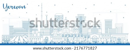 Outline Yerevan Armenia City Skyline with Blue Buildings. Vector Illustration. Yerevan Cityscape with Landmarks. Business Travel and Tourism Concept with Historic Architecture.