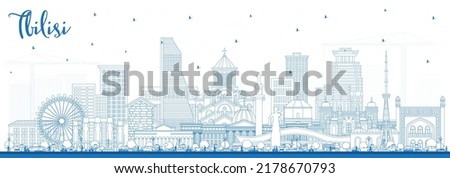 Outline Tbilisi Georgia City Skyline with Blue Buildings. Vector Illustration. Tbilisi Cityscape with Landmarks. Business Travel and Tourism Concept with Historic Architecture.